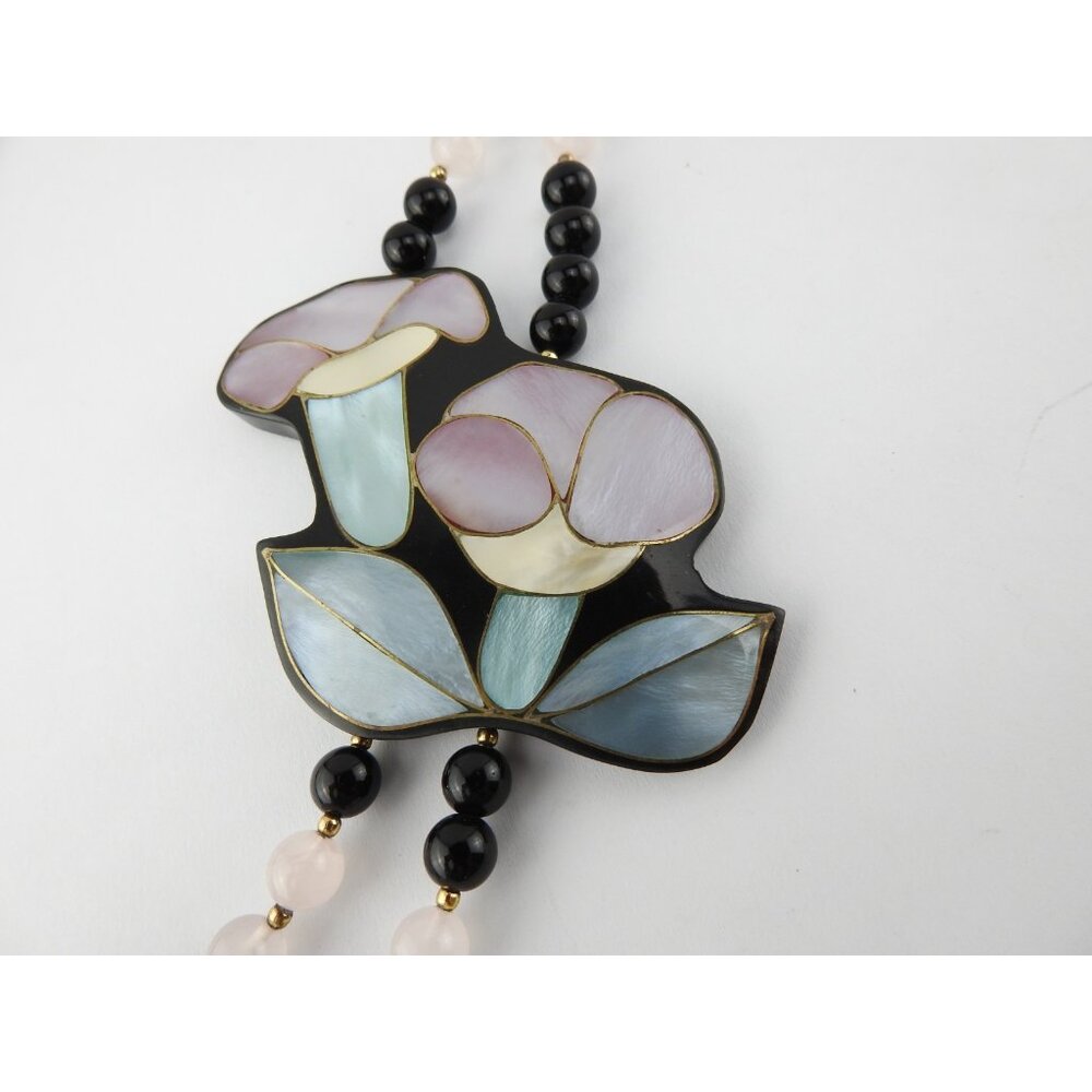 Anne Gee Black Beaded Mother Of Pearl Floral Statement Necklace - Picture 7 of 10